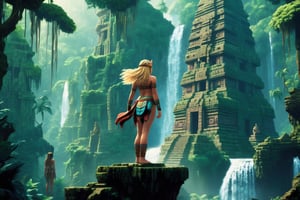 Portrait from behind of a scantily clad blonde female amazon warrior in skimpy clothes standing on a branch high up in the air looking at a ancient mayan aztec temple far away in the distance in a lush jungle with waterfalls, she is bare footed wearing a primitive strapless jungle leotard thong made of plants, she has long wavy blonde hair, the temple has rock carvings and huge statues, (focus on the temple), low resolution, hyperdetailed pixel art, fantasy art, retro art, clean art, retro style, 150 mm lens, cinematic shot, perfect angle, Chrono Trigger art direction, Chibi, Underwater space fighter (Epic composition, epic pose, epic proportion, epic fantasy,) (Hyperdetailed, finest detail, ultra detailed, intricate), contrast, (Octane render, volumetric lighting, 3d render, reflection, ray tracings, voxel render, depth of field, bokeh), HD, UHD, masterpiece, professional work,