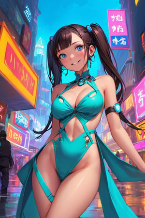 (masterpiece, best quality, ultra-detailed, highres, best illustration),perfect face, ((solo, solo focus, kawaii, neon rim lighting, neon back lights )),side lighting, epic, illustration, render, volumetric lighting, welcoming, see-through gossamer, lustrous skin,(bloom), (shine), 1girl, solo, looking at viewer, blush, smile, open mouth, blue eyes, large breasts, hair ornament, dress, cleavage, ponytails, perky breasts, hard nipples, nip-slip, visible areolas, visible nipples, upper body, upskirt, cameltoe, visible vulva, thigh gap, thick thighs, one eye closed, teeth, sleeveless, hairclip, sash, clothing cutout, eyelashes, sleeveless dress, obi, cleavage cutout, claw pose specular highlights, neon theme, neon futurism, dynamic angle, dynamic pose,city background