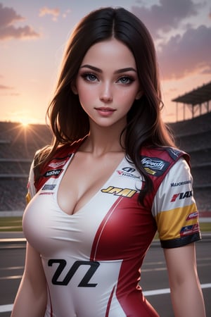 realistic, 1girl, wearing racing driver clothes, pleasure_expression, sensually pose, nascar racetrack background, sweat, looking viewer, parted lips, blush, makeup, light smile, perfect natural breast, glow, collarbone, narrow waist, long hair, (masterpiece, best quality), wallpaper, sunset, details background, ambient lighting