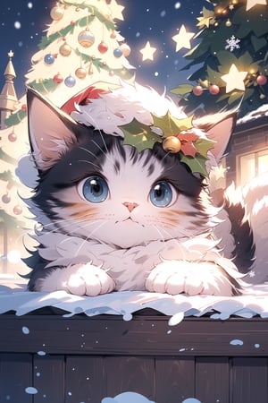 (masterpiece, best quality, ultra detailed, 8k, intricate details), cute cat, christmas headwear, christmas, winter, snow, street christmas decoration, tree christmas, wallpaper, ambient lighting,cat