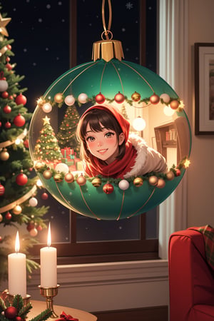 (masterpiece, best quality, ultra detailed, 8k, intricate details), apartment, living-room, reflection in a christmas ball hanging on the christmas tree, blush, eyes, smile, happy friends, christmas, winter, christmas decoration, wallpaper, ambient lighting, lofi ambient, night