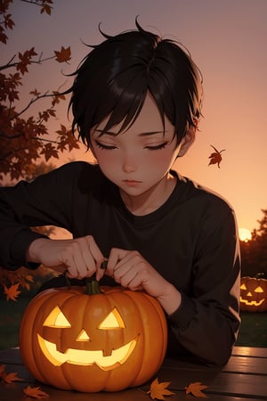 (masterpiece, best quality), boys and girls 10yo, making jack o lantern, sunset, automn, falling leaves, country, wallpaper, details background, ambient lighting