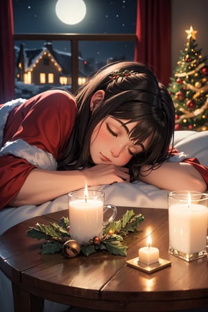 (masterpiece, best quality, ultra detailed, 8k, intricate details), focus on a coffee table, illuminated christmas nativity scene, girld sleeping lying, christmas gift, living room, blur christmas decoration in background, night, wallpaper, ambient lighting, lofi ambient