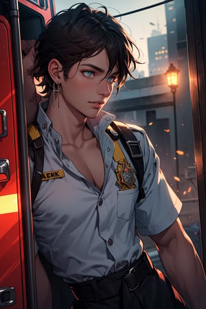 (masterpiece, best quality, ultra detailed, 8k, intricate details), 1man, firefighter, firefighter clothes, firestation, lovely face, city, eyes, hair, earrings, lips, beautiful eyes, lips, short hair, brushing hair, hourglass body, collarbone, narrow waist, wallpaper, details background, ambient lighting