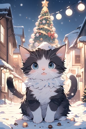 (masterpiece, best quality, ultra detailed, 8k, intricate details), cute cat in drinking chocolate, christmas headwear, christmas, winter, snow, street christmas decoration, tree christmas, wallpaper, ambient lighting,cat