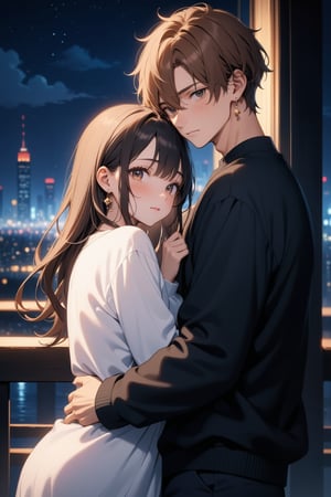 portrait, full body, (masterpiece), best quality, high resolution, highly detailed, detailed background, 1girl, 1boy, long_hair, hug, night, black_hair, Man_hugs_girl_from_behind, shirt, hetero, looking_at_viewer, brown_hair, night_sky, couple, sky, long_sleeves, jewelry, earrings, cityscape, ambient lighting,Dreamyvibes Artstyle