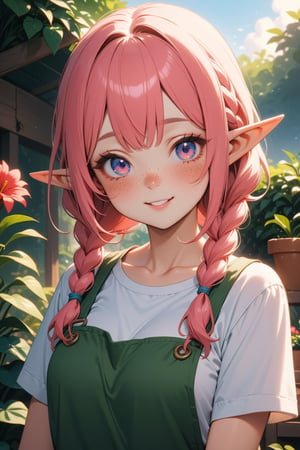 hussy, portrait, (masterpiece), best quality, high resolution, highly detailed, detailed background, smile | (masterpiece, best quality, ultra-detailed, 8K),((3 girls)),(picture-perfect face,freckles,blush,(elf), (multicolored hair,pink/platinumblonde hair),braids,,makeup, summer, gardener, plant seller, garden center, clothes gardener, beautifully detailed | sunset, ambient lighting,Dreamyvibes Artstyle