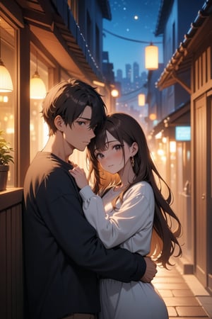 portrait, full body, (masterpiece), best quality, high resolution, highly detailed, detailed background, 1girl, 1boy, long_hair, hug, night, black_hair, Man_hugs_girl_from_behind, shirt, hetero, looking_at_viewer, brown_hair, night_sky, couple, sky, long_sleeves, jewelry, earrings, cityscape, ambient lighting,Dreamyvibes Artstyle