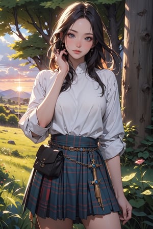 (masterpiece), best quality, high resolution, highly detailed, detailed background, 1woman, anime woman, medieval woman scottish warrior, long kilt, (masterpiece), highest quality, high resolution, extremely detailed, illustration, lips, make-up, looking viewer, highlands, countryside, pose, forest, sunset, ambient lighting