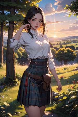 (masterpiece), best quality, high resolution, highly detailed, detailed background, 1woman, anime woman, medieval woman scottish warrior, long kilt, (masterpiece), highest quality, high resolution, extremely detailed, illustration, lips, make-up, looking viewer, highlands, countryside, pose, forest, sunset, ambient lighting