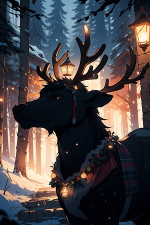 (masterpiece, best quality, ultra detailed, 8k, intricate details), reindeer, reindeer of santa claus, winter, forest, wallpaper, ambient lighting, lofi ambient, night, midjourney