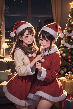 (masterpiece, best quality, ultra detailed, 8k, intricate details), {{{2girls}}}, apartment, living-room, {dancing}, blush, eyes, smile, happy friends, christmas, winter, christmas decoration, wallpaper, ambient lighting, lofi ambient, night