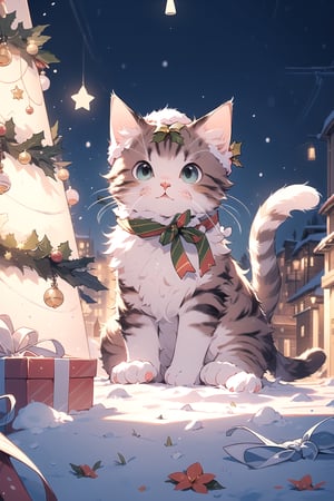 (masterpiece, best quality, ultra detailed, 8k, intricate details), cute cat, christmas headwear, christmas, winter, snow, street christmas decoration, tree christmas, wallpaper, ambient lighting,cat