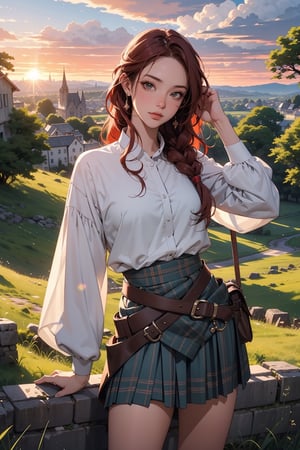 (masterpiece), best quality, high resolution, highly detailed, detailed background, 1woman, anime woman, medieval woman scottish warrior, long kilt, (masterpiece), highest quality, high resolution, extremely detailed, illustration, lips, make-up, long plaited red hair, looking viewer, highlands, countryside, castle ruins in background, pose, forest, sunset, ambient lighting