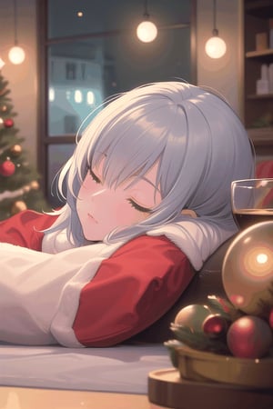 (masterpiece, best quality, ultra detailed, 8k, intricate details), focus on a coffee table, illuminated christmas nativity scene, girld sleeping lying, christmas gift, living room, blur christmas decoration in background, night, wallpaper, ambient lighting, lofi ambient