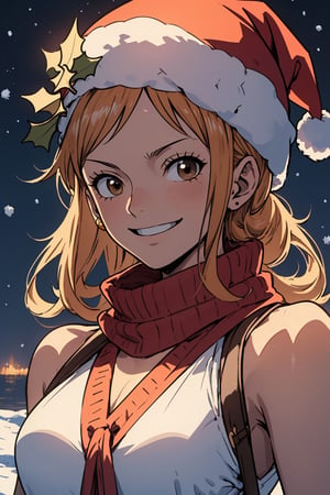(masterpiece, best quality, ultra detailed, 8k, intricate details), nami, one piece, christmas hat, happy face, winter,NamiOP