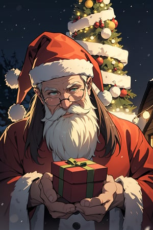 (masterpiece, best quality, ultra detailed, 8k, intricate details), 1child, 1man, old man, beautiful eyes, long hair, long beard, fat body, happy face, christmas, winter, christmas decoration, tree christmas, cosy cottage, give a gift, chimney, wearing santa suit, wallpaper, ambient lighting, lofi ambient, night