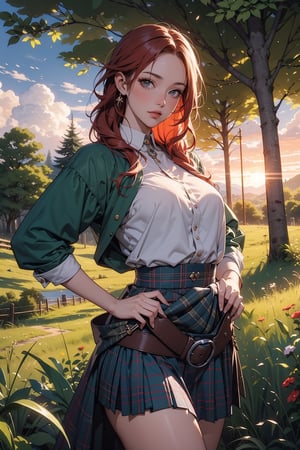 (masterpiece), best quality, high resolution, highly detailed, detailed background, 1woman, anime woman, medieval woman scottish warrior, long kilt, (masterpiece), highest quality, high resolution, extremely detailed, illustration, lips, make-up, long plaited red hair, looking viewer, highlands, countryside, pose, forest, sunset, ambient lighting