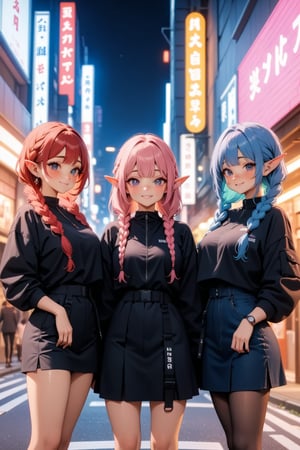 hussy, (masterpiece), best quality, high resolution, highly detailed, detailed background, smile | (masterpiece, best quality, ultra-detailed, 8K),((3 girls)),(picture-perfect face,freckles,blush,(elf), (multicolored hair,pink/platinumblonde hair),braids,,makeup, night, street, tokyo, beautifully detailed | sunset, ambient lighting,Dreamyvibes Artstyle,dark_techwear