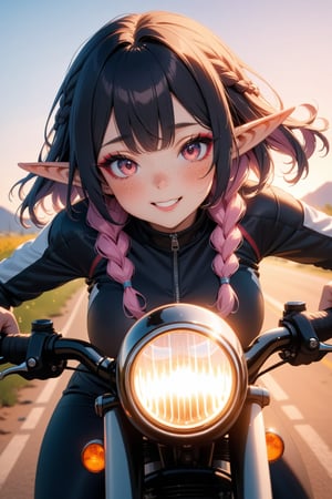 selfie, (masterpiece), best quality, high resolution, highly detailed, detailed background, smile | (masterpiece, best quality, ultra-detailed, 8K),(picture-perfect face,freckles,blush,(elf), (multicolored hair,pink/platinumblonde hair),braids,,makeup, bike, riding motorcycle, bikers clothes,beautifully detailed | sunset, ambient lighting,Dreamyvibes Artstyle