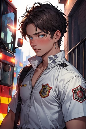 (masterpiece, best quality, ultra detailed, 8k, intricate details), 1man, firefighter, firefighter clothes, firestation, lovely face, city, blush, eyes, hair, earrings, lips, beautiful eyes, lips, short hair, brushing hair, hourglass body, collarbone, narrow waist, wallpaper, details background, ambient lighting