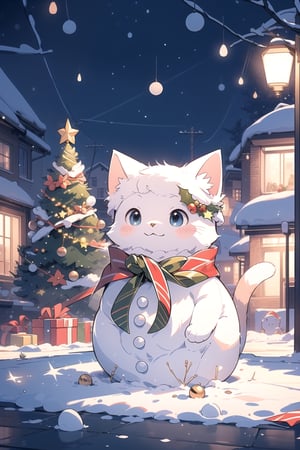 (masterpiece, best quality, ultra detailed, 8k, intricate details), cute cat, christmas headwear, snowman, christmas, winter, snow, street christmas decoration, tree christmas, wallpaper, ambient lighting,cat