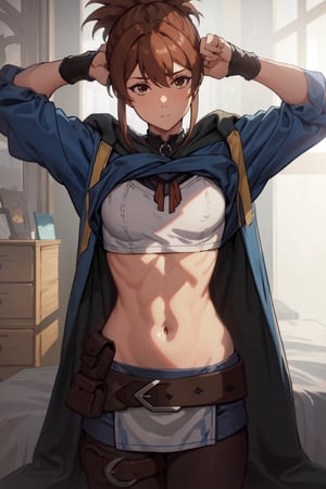 girl, top down view, bangs, brown hair, brown eyes, ponytail, lying on the bed, short ponytail, belt, cape, armor, cloak, pouch, brown belt, belt pouch, thin waist, (bare belly:1.4), shy, be afraid look, abs, looking at viewer, outdoors, best quality, high resolution, extremely detailed face, perfect lighting, (perfect hands, perfect anatomy),ARYSTYLE3,AGGA_ST007,fumina,shirt_lift,suzuna,phRem,amidef