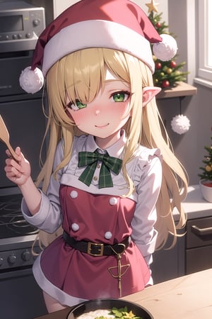 girl,blonde hair:1.3,long hair, wavy hair,hair over one eye:1.3 ,green eyes,masterpiece, best quality, highly detailed, hair flower,loli face,cute face,
sfw,a girl cooking dinner for me,from behind,from above,

santa dress,

full blush,seductive smile,half closed eyes,

indoor,christmas tree,