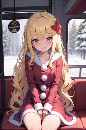 girl,blonde hair:1.3,long hair, wavy hair,hair over one eye:1.3 ,green eyes,masterpiece, best quality, highly detailed, hair flower,loli face,cute face,
sfw,a girl in bus,

santa dress,

full blush,seductive smile,half closed eyes,

winter,snow,bus interior,