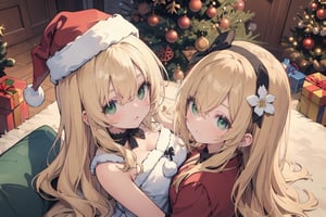 cute girl,blonde hair:1.3,long hair, wavy hair,hair over one eye:1.5 ,green eyes,masterpiece, best quality, highly detailed, hair flower,hair_over_eye ,
2girls sitting on sofa:1.3,santa hat,multiple girls：1.3,from above,close-up:1.4,face focus:1.3,yuri,grin,
christmas,christmas tree,indoor,carpet,

