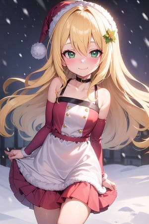 girl,blonde hair:1.3,long hair, wavy hair,hair over one eye:1.3 ,green eyes,masterpiece, best quality, highly detailed, hair flower,loli face,cute face,
sfw,a girl riding bike,from beside,

santa dress,

full blush,seductive smile,half closed eyes,

snow,outdoor,,