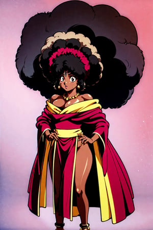 (((Beautiful black woman))), African Afro Hairstyle, ((big Afro puffs)), Gold crown, gold anklet, Ebony skin, ((dark skinned)), oily skin, shiny skin,  Structured face, symmetrical profile, art ((illustration by BASQUIAT)), stud Diamonds, silver_colored_hair, (burgundy scarf), (beautiful burgundy dress and robe), (burgundy sash), ((burgundy cowl neck)), BREAK,   Art style by Yoshiaki Kawajiri and Tsukasa Hojo and Toshihiro Kawamoto - -intricately detailed face - -80s and 90s anime still - -1980s retro anime - -1980s and 1990s anime retro nostalgia -highly detailed profile BREAK,  
 ARISTYLE4, Soft Pastel 
-depth of field, Cinematic Angles, Dynamic angles, (((masterpiece))), perfect face, ((full body shot)),yakiyama line,shortstack