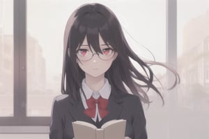 {best quality}, {{masterpiece}}, {highres}, original, extremely detailed 8K wallpaper, 1girl, {an extremely delicate and beautiful},,wide shot,cinematic angle ,backlight,French window,solo,long_hair,floating hair,hair between eyes,black hair,looking away,red_eyes,one side up hair,Reading,standing,hand in own hair,school uniform,black_glasses,black_hair_bow,