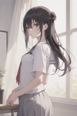 {best quality}, {{masterpiece}}, {highres}, original, extremely detailed 8K wallpaper, 1girl, {an extremely delicate and beautiful},,cinematic angle ,backlight,intense angle ,French window,solo,long_hair,floating hair,hair between eyes,black hair,red_eyes,one side up hair,looking back,standing,hand in own hair,school uniform,