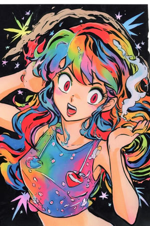 ((Without background)),(Smoking marijuana,stoner girl),1girl,solo,(1990s rave style),retro artstyle),rainbow colored hair,(sexual sleeveless tops),open mouth,(red eyes,psycho laughing, Bloodshot eyes from the effects of marijuana),(midium long wavy hair),(upper body,looking at viewer,fisheye lens),(heavy oil paint,traditional media,),