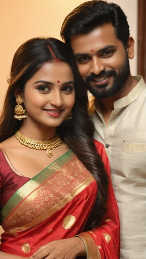 couple of Anupama Parameswaran and husband, man and woman in wedding function,man hugging woman, man and woman diagonal to camera, hugging,(open eyes1:1),tenderness and passion,(women with slightly-saggy medium full breast) ,(fit belly,Wider hip, Big butt, thick thighs),(adult man), sporty man wears shirt and pants, (woman in red banarasi saree with blouse, golden jewleas), woman with flowing full long hair.depth,evening, very beautiful, highest quality, skin texture, 8k, hard shadows, perfectionism, RAW photo, masterpiece, photorealistic, best quality, intricate details, 8k, hard shadows, volumetric lighting, sharp focus, ultra detailed, 4k, uhd, sharp lens, depth of field, natural wonder, epic, perfect, elegant, expressive, nice looking,(((perfect hands))),Extremely Realistic.