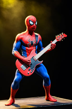 (((a full body of a baby incredible Spiderman,))) ((Illustration in Marvel stile, singing and jump playing electric guitar in the world tour concert stage, random actions, lighting spotlight stage, ((very angry, Veri detailed face, realistic details