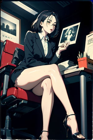 Polaroid black tone low key film, , masterpiece, best quality, 25 years old, legs, sitting, office lady, heels, in office, dark background,
