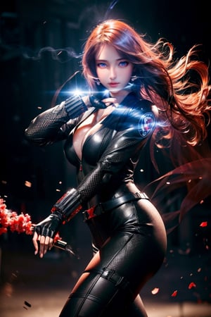 (masterpiece, best quality, photorealistic, high resolution, 8K raw photo),blkwidow,(Red smoke around the body, black background:1.2),Light pollution, glowing smoke,Epic CG masterpiece,  blkwidow, black bodysuit, cleavage, black belt, black gloves, large breasts, bracelet, cityscape, looking at viewer, night, rooftop, contrapposto, thighs,lightning kick, spinning bird kick,Long legs, perfect legs,dynamic pose,yoona,round ass,blkwidow,Sexy Pose,black bodysuit,Styles Pose,realistic