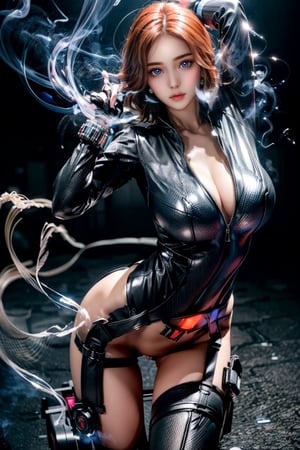 (masterpiece, best quality, photorealistic, high resolution, 8K raw photo),blkwidow,(Blue smoke around the body, black background:1.2),Light pollution, glowing smoke,Epic CG masterpiece,  blkwidow, black bodysuit, cleavage, black belt, black gloves, large breasts, bracelet, cityscape, looking at viewer, night, rooftop, contrapposto, thighs,Long legs, perfect legs,dynamic pose,yoona,crop shirt underboob,round ass,blkwidow,Sexy Pose,z1l4