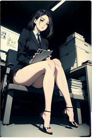 Polaroid black tone low key film, , masterpiece, best quality, 25 years old, legs, sitting, office lady, heels, in office, dark background,
