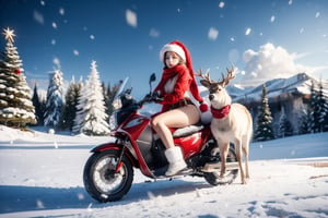 Outdoors, snowing, mountain road with blowing snow, beautiful girl in Christmas suit sits on the back of a deer,the ground is full of Christmas gifts, ((looks at camera)), high resolution, highly detailed, looking at viewer, sexy appearance, posing for Photoshoot, girl, red scarf, full body, sexy christmas outfit, 1 girl, reality, sntdrs, snowflakes, christmas,realistic