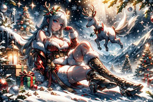 Outdoors, snowing, mountain road with blowing snow, beautiful girl in sexy christmas outfit, sitting on the back of a deer,Christmas gifts are scattered on the ground, ((looks at camera)), high resolution, highly detailed, looking at viewer, sexy appearance, posing for Photoshoot, girl, full body, sexy christmas outfit, 1 girl, reality, sntdrs, snowflakes, christmas,realistic,ChristmasDecorativeStyle