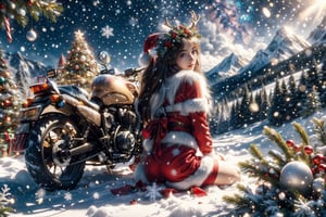 Outdoors, snowing, mountain road with blowing snow, beautiful girl in sexy christmas outfit, sitting on the back of a deer,Christmas gifts are scattered on the ground, ((looks at camera)), high resolution, highly detailed, looking at viewer, sexy appearance, posing for Photoshoot, girl, sexy christmas outfit, 1 girl, reality, sntdrs, snowflakes, christmas,realistic,ChristmasDecorativeStyle