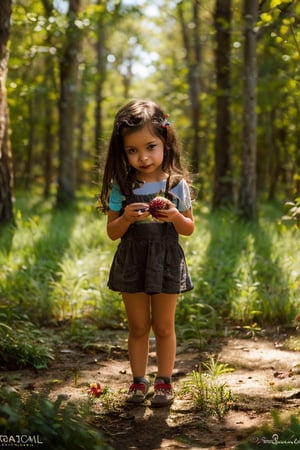 chibi a little girl picking berries in a magical forest, ultra realistic, photo realistic, surrealism, fantasy, detail,