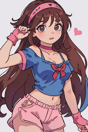 1 girl, ittle off Shoulder Short Sleeve red Blouse with see the navel and big neckline, little blue shorts,huge breasts, (Fringe open long in the right side of the hair, rectal long brown hair With a hair dialect, brown eyes, big eyes, Choker with a heart in the medium, hair pink headband, little Blue gloves with finger opening),
