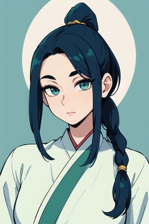 Protrait, photograph, androgynous hunnuman, oval jaw, delicate features, beautiful face, dreadlocked hair, long bangs, long ponytail, bright blue-green eyes, hindu art, Korean big tits