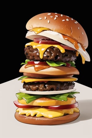 Best quality,masterpiece,ultra high res,booth,no humans,food focus,still life,food,simple background,black background, cheeseburger
