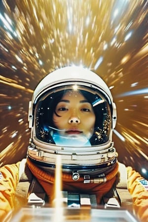 (Low wide angle side shot,old film photo),(beautiful female astronaut drifting in hyper space),(wearing space suit, helmet with face showing, stars reflection in helmet),hyperspace in the background,lisa