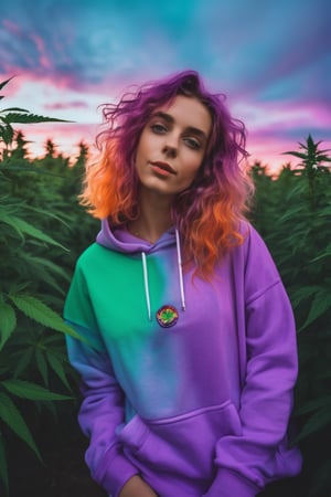 Snapshot,grainess,film photography,Wide-angle lens,soft focus),(seducted smile,boobs),((randomize colored hair,wavy semi long haired),(low-wet skin),(acme,she in seducted,erotic feelings),((psychedelic sky in the background,marijuana plants in the background,torichome)),(8k quarity,HDR),(synthwave taste),(haze around here,smoke around here),(hair styles are randomize each time),(looking to forward,masterpiece quarity),(purple evening,purple haze,),(wearing orange and green tone tye-die hoodie,not on the graphics,),neon,highres